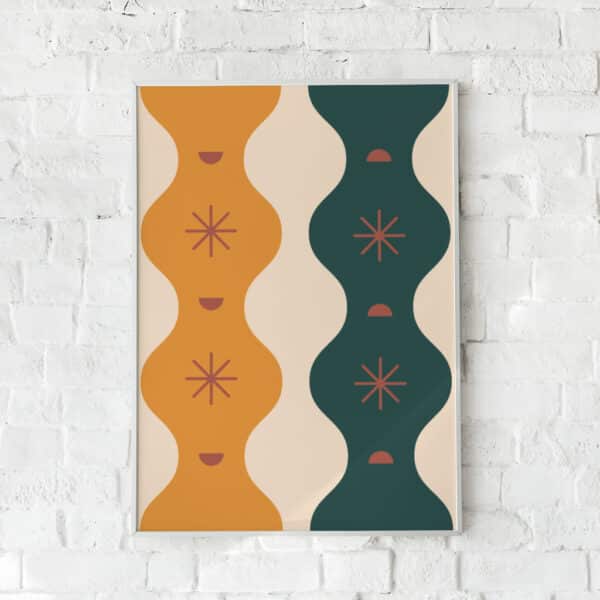Moderne plakat med bølgende linjer og harmoniske farver – "Abstract Flow". En kunstnerisk vægdekoration.