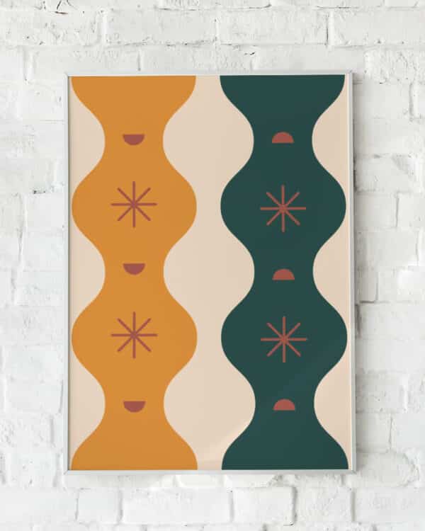 Moderne plakat med bølgende linjer og harmoniske farver – "Abstract Flow". En kunstnerisk vægdekoration.