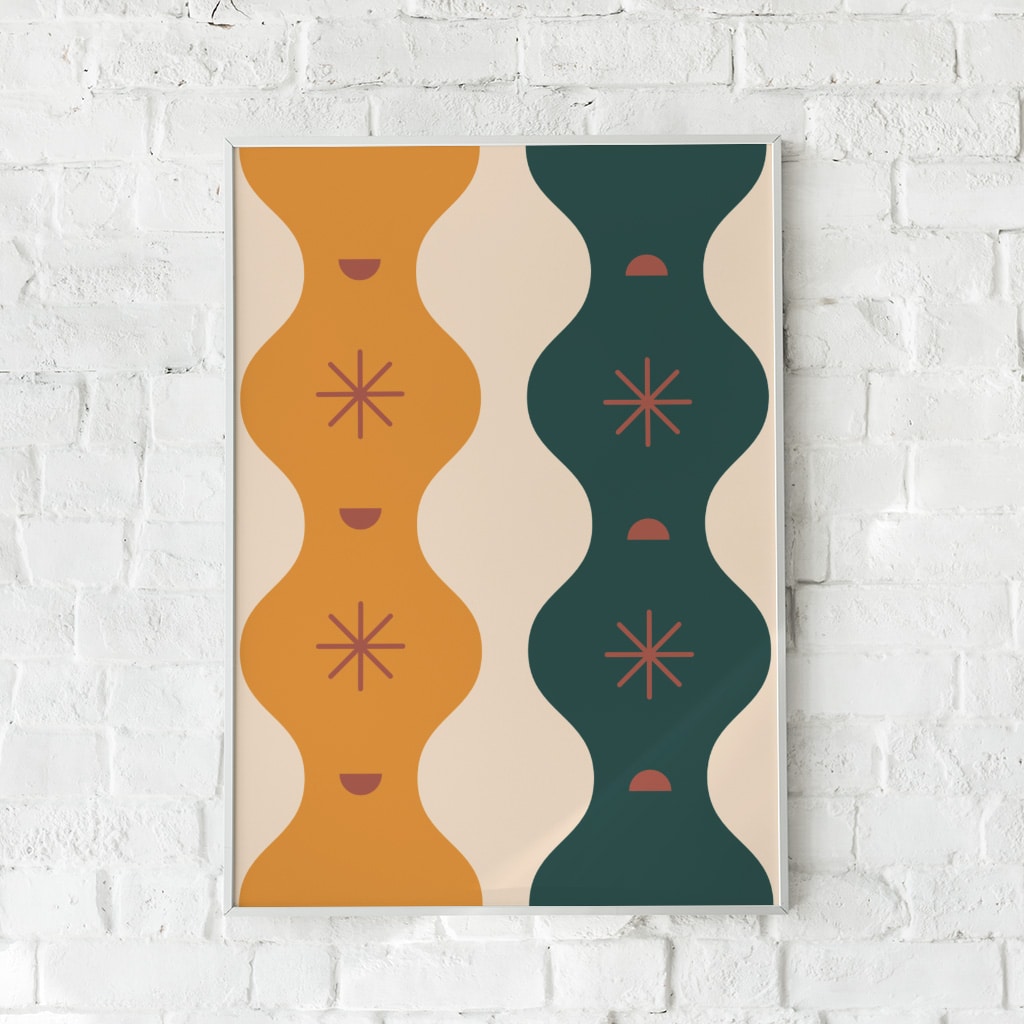 Moderne plakat med bølgende linjer og harmoniske farver – "Abstract Flow". En kunstnerisk vægdekoration.