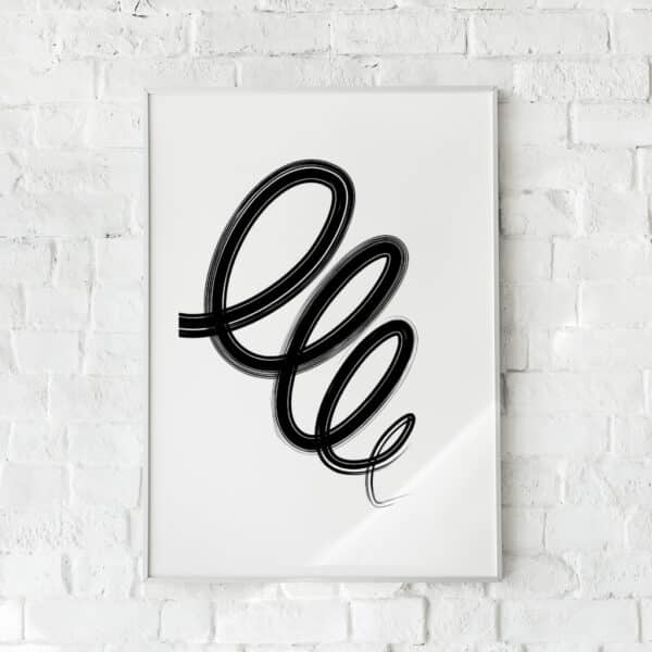 Moderne plakat med sorte spiraler på hvid baggrund – "Abstract Shapes No. 3". En elegant vægdekoration.