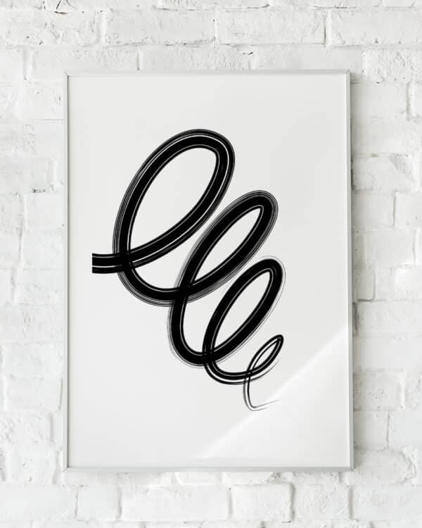 Moderne plakat med sorte spiraler på hvid baggrund – "Abstract Shapes No. 3". En elegant vægdekoration.
