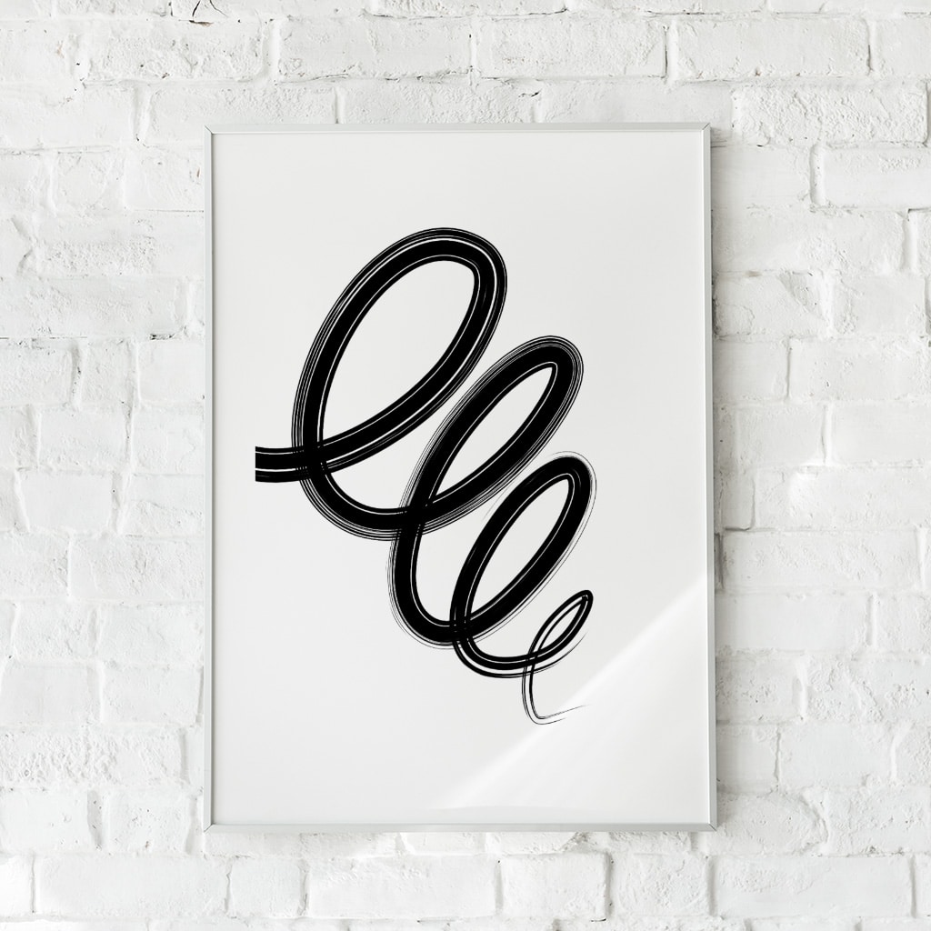 Moderne plakat med sorte spiraler på hvid baggrund – "Abstract Shapes No. 3". En elegant vægdekoration.