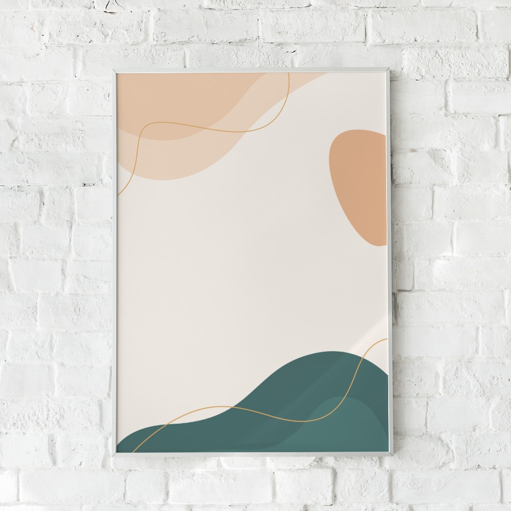 Minimalistisk plakat med gyldne detaljer på beige og grøn baggrund – "Abstract Vision #1". En moderne vægdekoration.