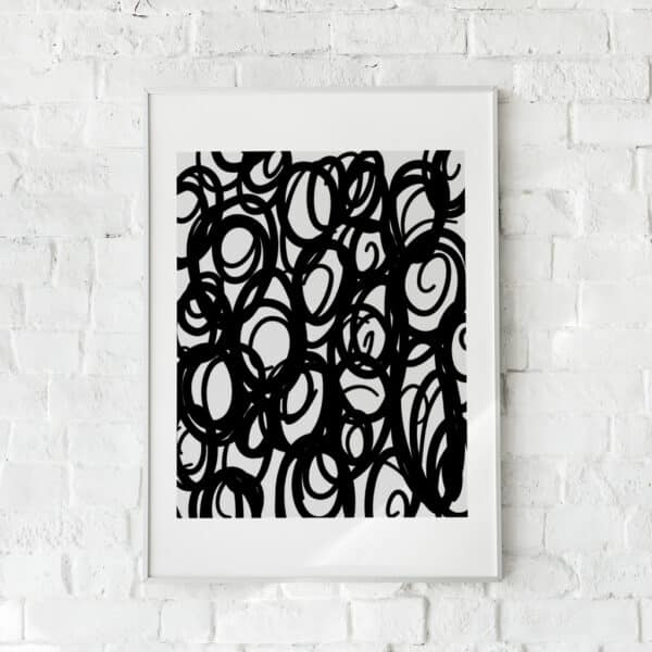 Abstrakt sort-hvid plakat med cirkulære streger – "Anxiety". En kunstnerisk fortolkning af uro og kompleksitet.