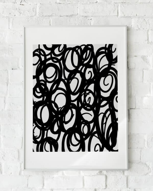 Abstrakt sort-hvid plakat med cirkulære streger – "Anxiety". En kunstnerisk fortolkning af uro og kompleksitet.