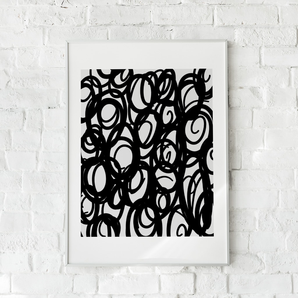 Abstrakt sort-hvid plakat med cirkulære streger – "Anxiety". En kunstnerisk fortolkning af uro og kompleksitet.