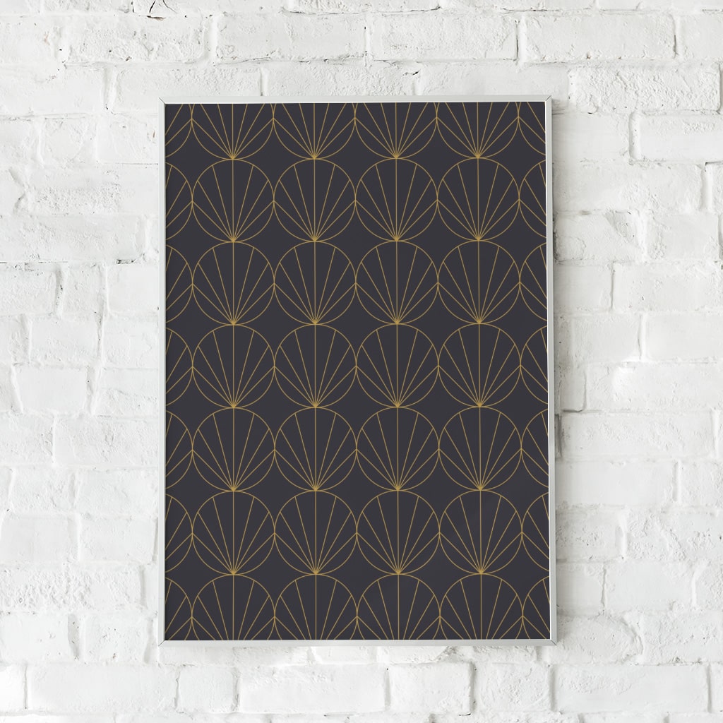 Geometrisk plakat med gyldne linjer på mørkegrå baggrund – "Art Deco". En luksuriøs og tidløs vægdekoration.