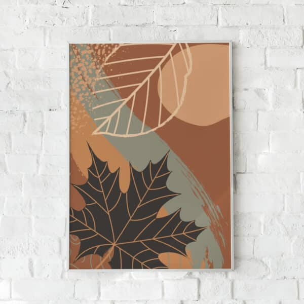 Efterårsinspireret plakat med blade i varme jordfarver – "Autumn is Close". En hyggelig vægdekoration.