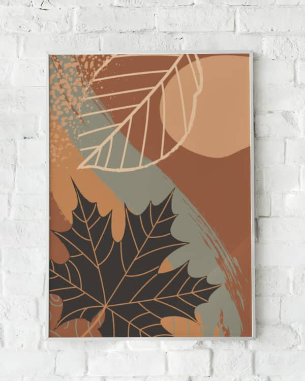 Efterårsinspireret plakat med blade i varme jordfarver – "Autumn is Close". En hyggelig vægdekoration.