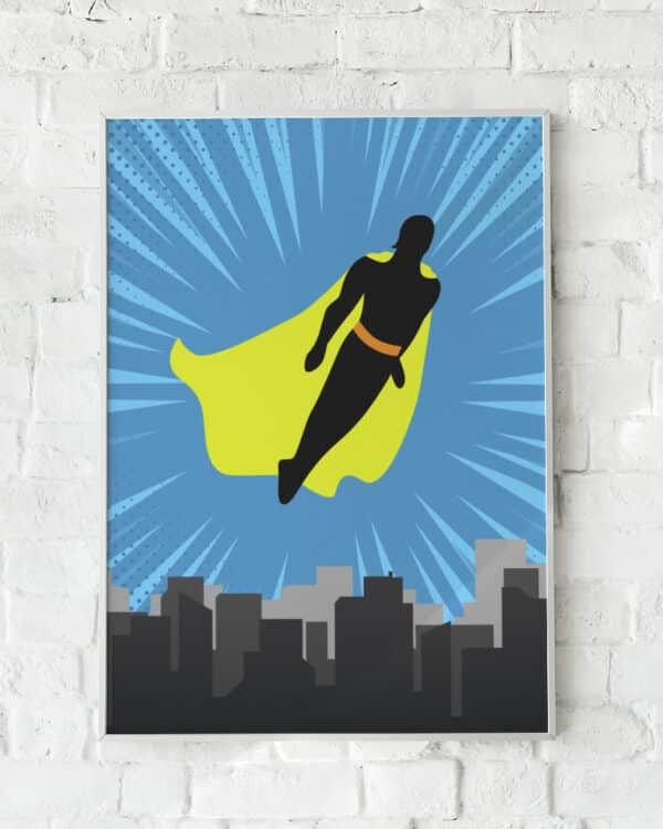 Farverig plakat med en superhelt silhuet over en by i solopgang – "Be the Superhero".