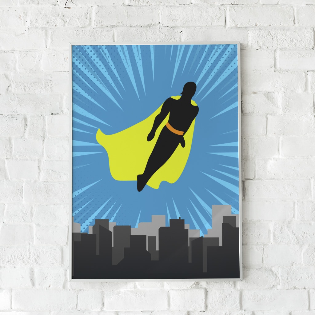 Farverig plakat med en superhelt silhuet over en by i solopgang – "Be the Superhero".
