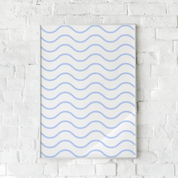 Minimalistisk plakat med bølgende linjer i lyseblå – "Blue Waves".