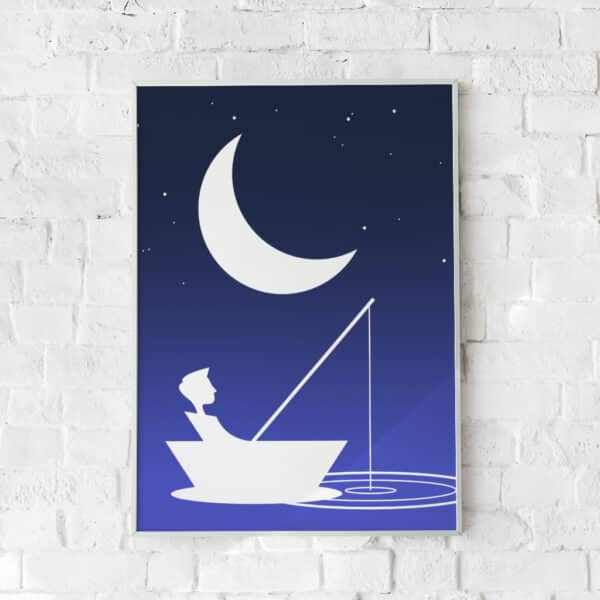 Plakat med en dreng i en båd under stjernerne – "Boy at Midnight".