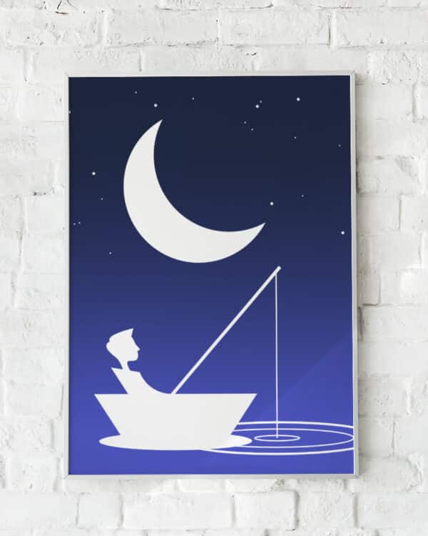 Plakat med en dreng i en båd under stjernerne – "Boy at Midnight".