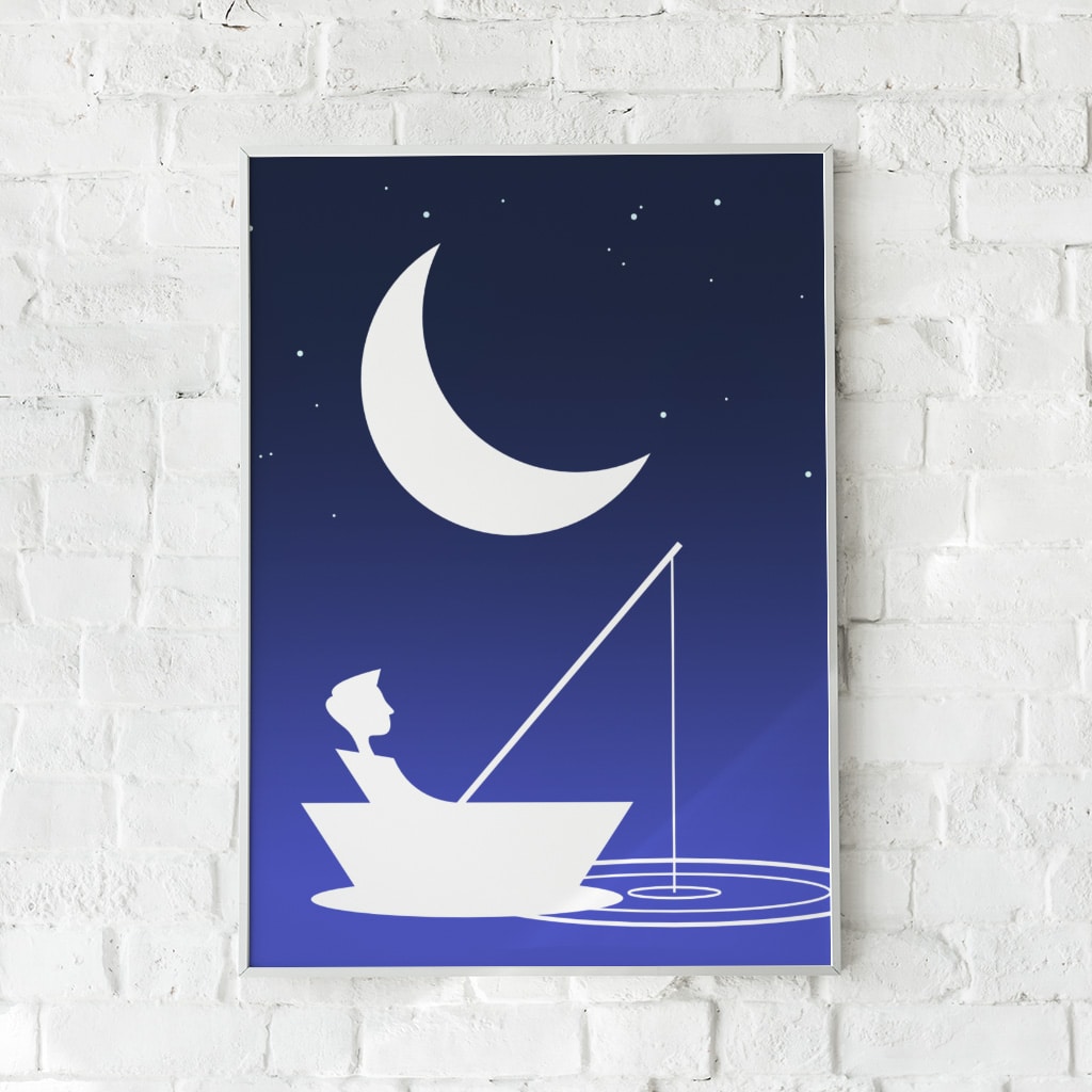 Plakat med en dreng i en båd under stjernerne – "Boy at Midnight".