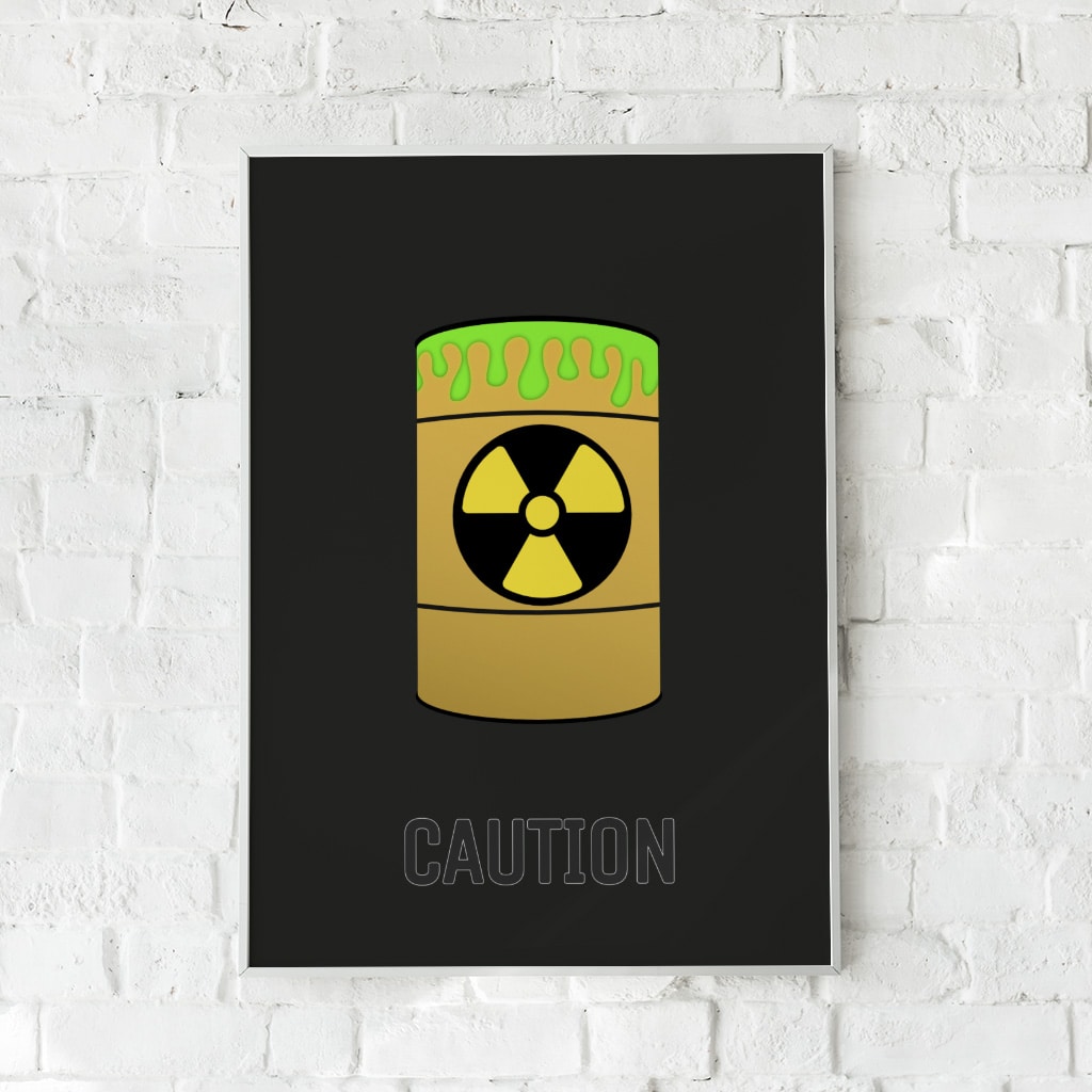 Edgy plakat med radioaktiv tønde og advarende tekst – "CAUTION". Industrielt vægdesign.