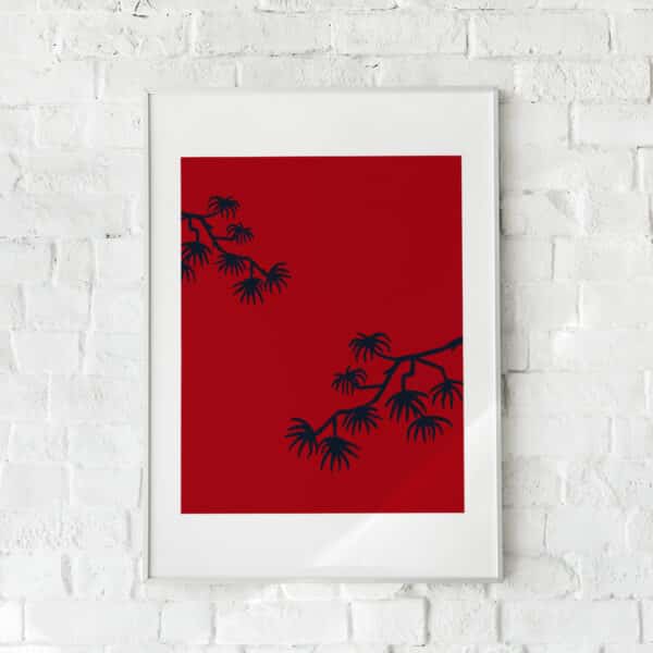 Minimalistisk plakat med rød baggrund og sorte grene – "Canvas of Dreams". Moderne vægkunst.