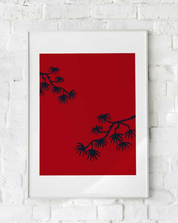 Minimalistisk plakat med rød baggrund og sorte grene – "Canvas of Dreams". Moderne vægkunst.