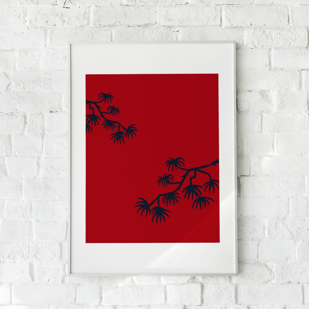 Minimalistisk plakat med rød baggrund og sorte grene – "Canvas of Dreams". Moderne vægkunst.