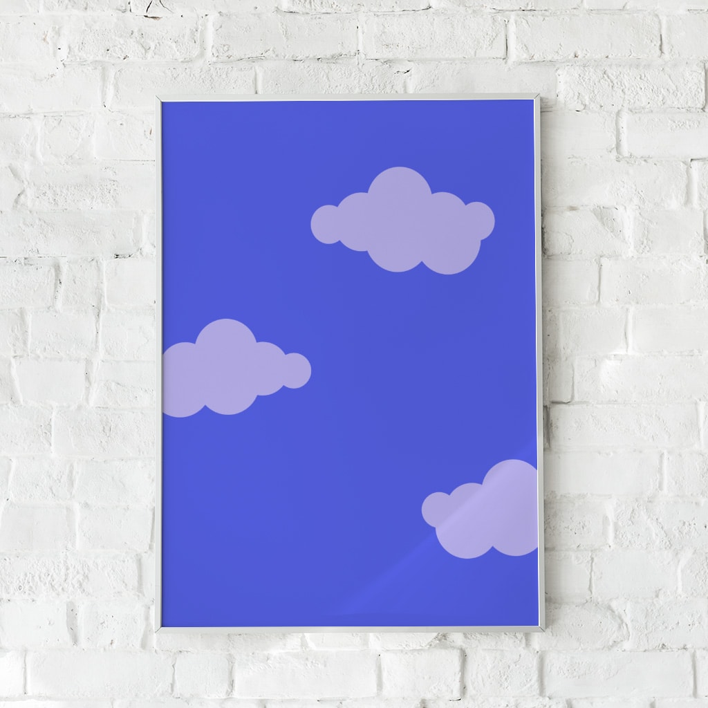Minimalistisk plakat med bløde skyer på blå baggrund – "Cloudy Sky".