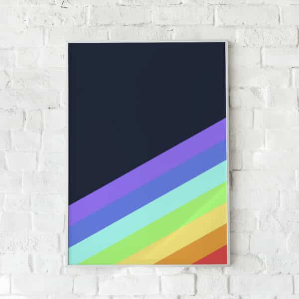 Farverig plakat med diagonale regnbuenuancer på mørk baggrund – "Colorissimo".