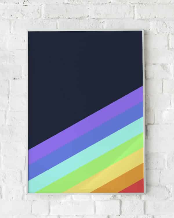 Farverig plakat med diagonale regnbuenuancer på mørk baggrund – "Colorissimo".