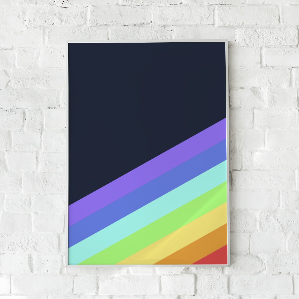 Farverig plakat med diagonale regnbuenuancer på mørk baggrund – "Colorissimo".