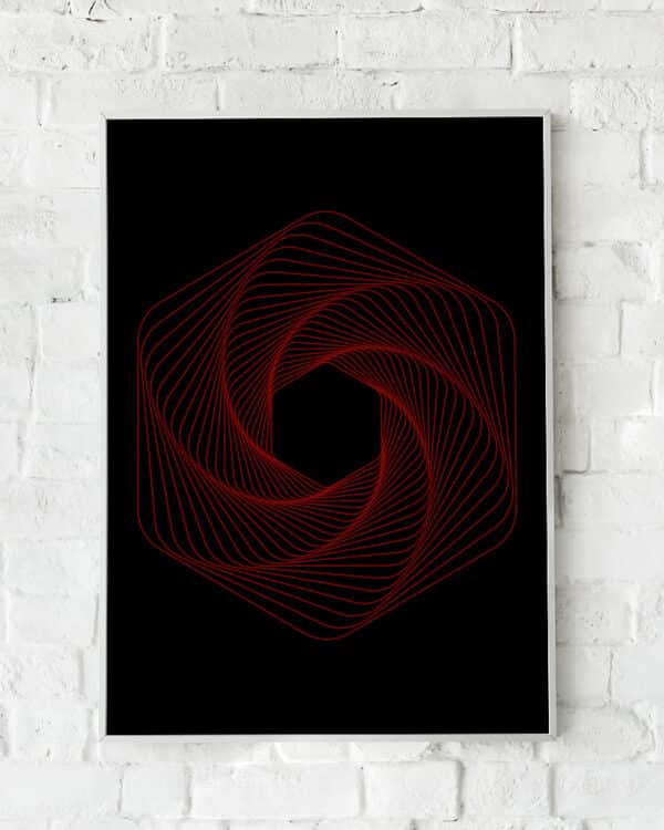 Geometrisk plakat med rød spiral på sort baggrund – "Congruous".