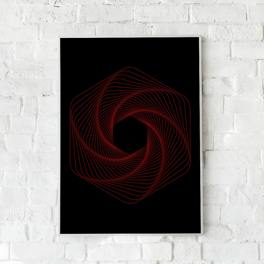 Geometrisk plakat med rød spiral på sort baggrund – "Congruous".