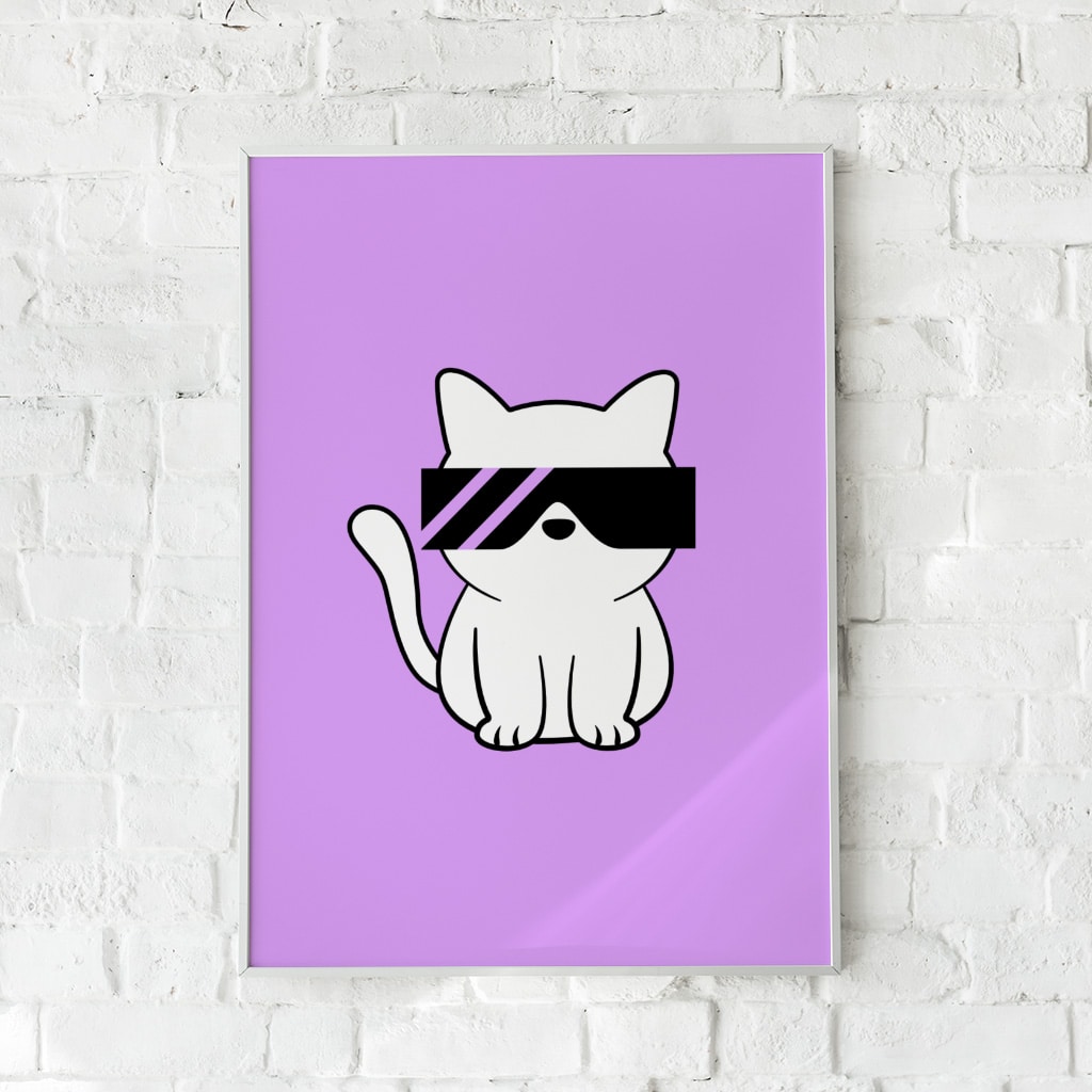 Sjov plakat med hvid kat i solbriller på lilla baggrund – "Cool Cat".
