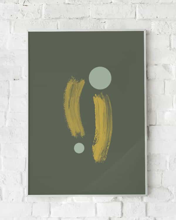Abstrakt plakat med gyldne penselstrøg og grønne cirkler på mørkegrøn baggrund.