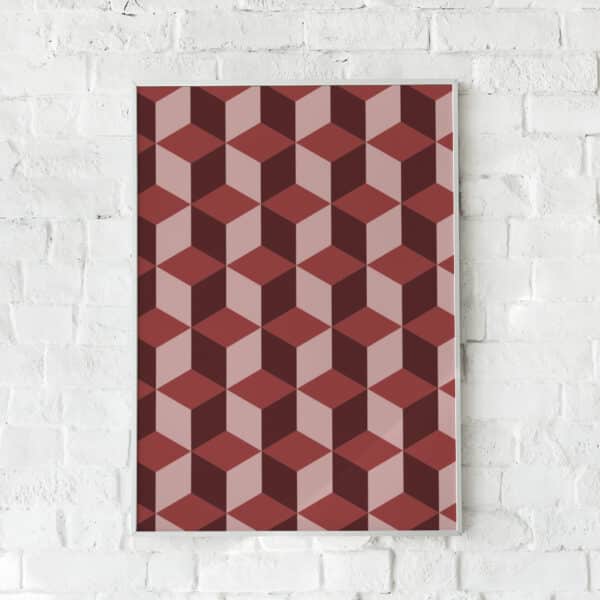 Geometrisk plakat med tredimensionelt kubemønster i røde og lyserøde nuancer.