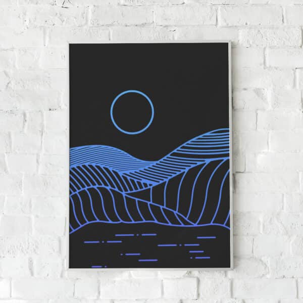 Abstrakt plakat med bølgende blå linjer på en mørk baggrund. Et futuristisk og minimalistisk design med en meditativ atmosfære.
