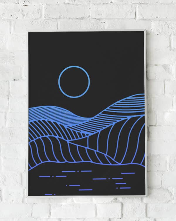 Abstrakt plakat med bølgende blå linjer på en mørk baggrund. Et futuristisk og minimalistisk design med en meditativ atmosfære.