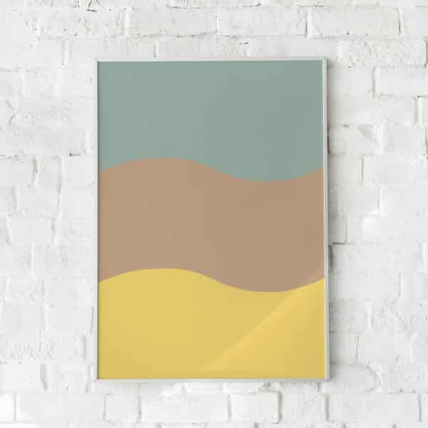 Minimalistisk plakat med bløde bølger i støvede naturfarver. En rolig og harmonisk vægdekoration inspireret af landskaber.