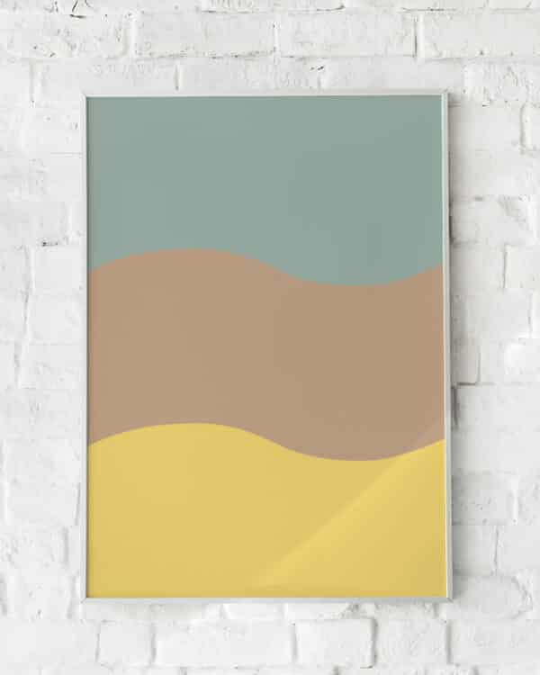 Minimalistisk plakat med bløde bølger i støvede naturfarver. En rolig og harmonisk vægdekoration inspireret af landskaber.