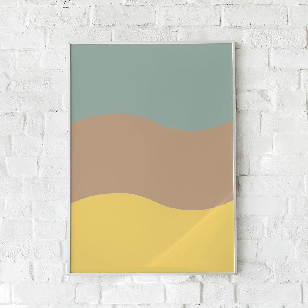 Minimalistisk plakat med bløde bølger i støvede naturfarver. En rolig og harmonisk vægdekoration inspireret af landskaber.