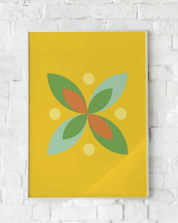 Farverig plakat med symmetriske bladformer i grønne og brune nuancer på en varm gul baggrund. En naturinspireret vægdekoration med moderne flair.