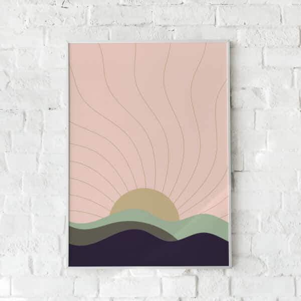 Minimalistisk plakat med en stiliseret solopgang over abstrakte bakker i jordnære farver. En moderne vægdekoration med en rolig og harmonisk æstetik.