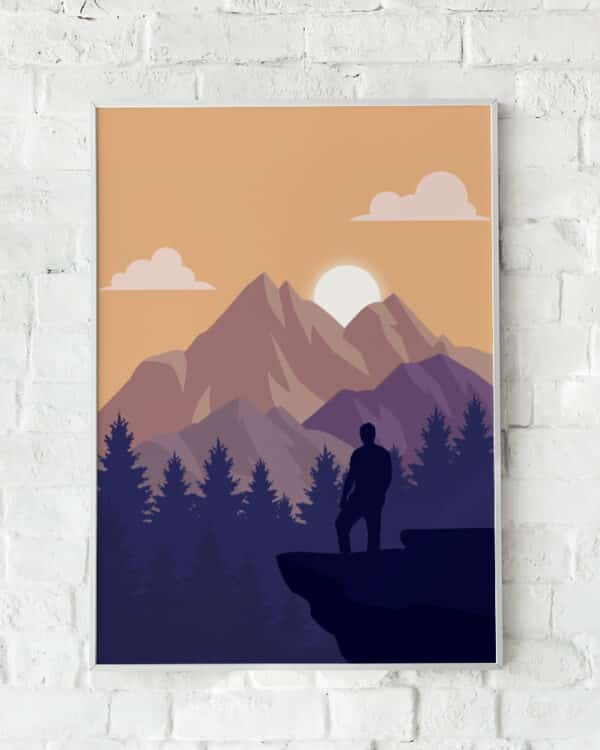 Plakat med en bjergscene i varme orange toner