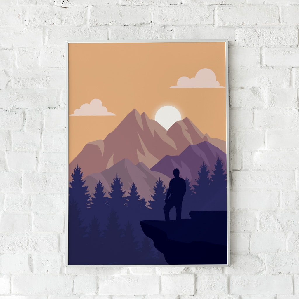 Plakat med en bjergscene i varme orange toner