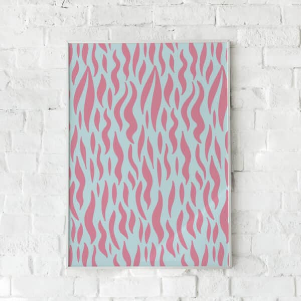 Abstrakt plakat med flydende former i bløde rosa og lyseblå toner. En moderne vægdekoration med et legende og harmonisk design.