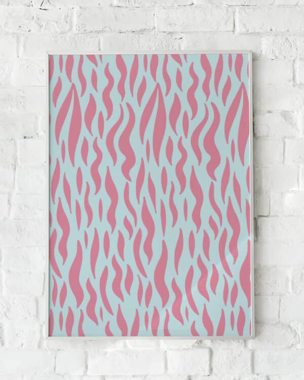 Abstrakt plakat med flydende former i bløde rosa og lyseblå toner. En moderne vægdekoration med et legende og harmonisk design.