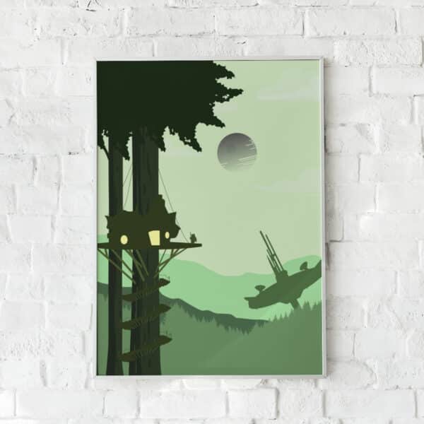 Fantasifuld plakat med en træhytte blandt skovens trækroner og en futuristisk måne i baggrunden. Inspireret af eventyrlige landskaber.