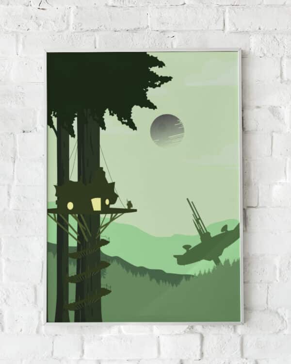 Fantasifuld plakat med en træhytte blandt skovens trækroner og en futuristisk måne i baggrunden. Inspireret af eventyrlige landskaber.