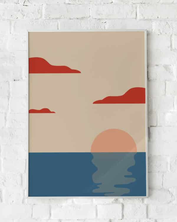 Minimalistisk plakat med en stiliseret solnedgang over havet i jordfarver. Skaber en rolig og afslappende stemning.
