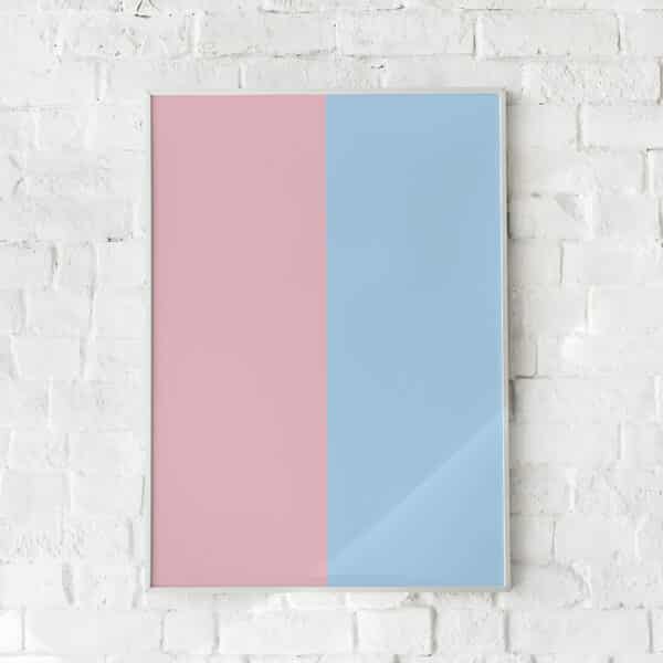 Farverig plakat opdelt i lyserød og lyseblå i et minimalistisk design.