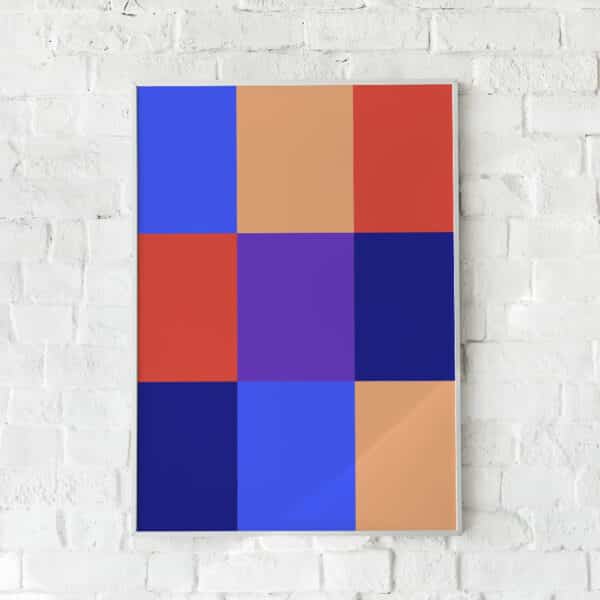 Geometrisk plakat med ni farverige kvadrater i blå