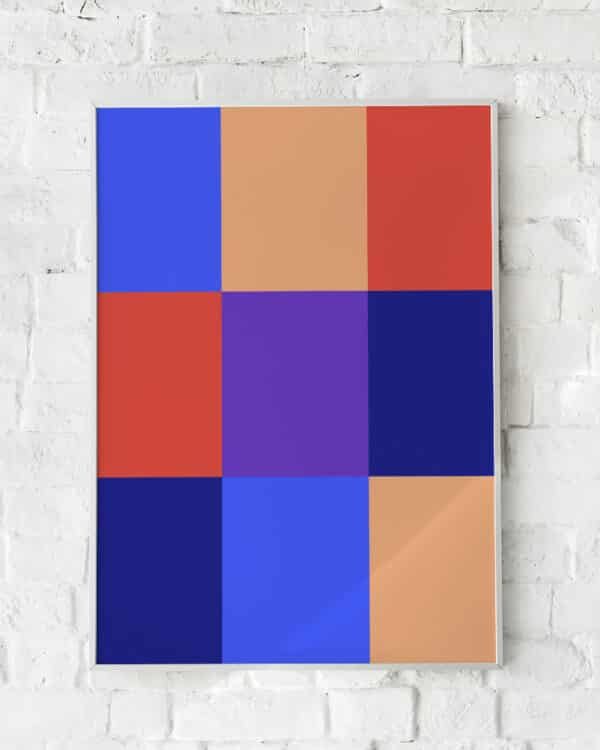 Geometrisk plakat med ni farverige kvadrater i blå