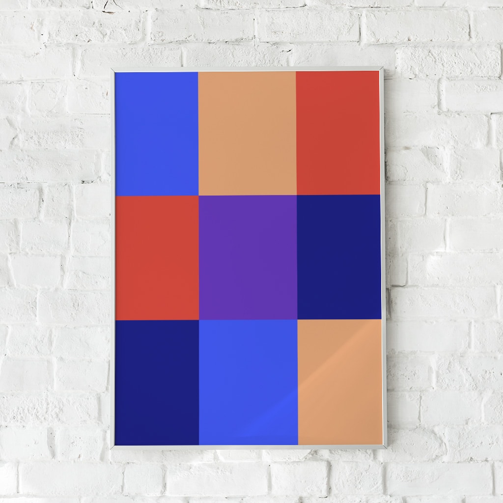 Geometrisk plakat med ni farverige kvadrater i blå